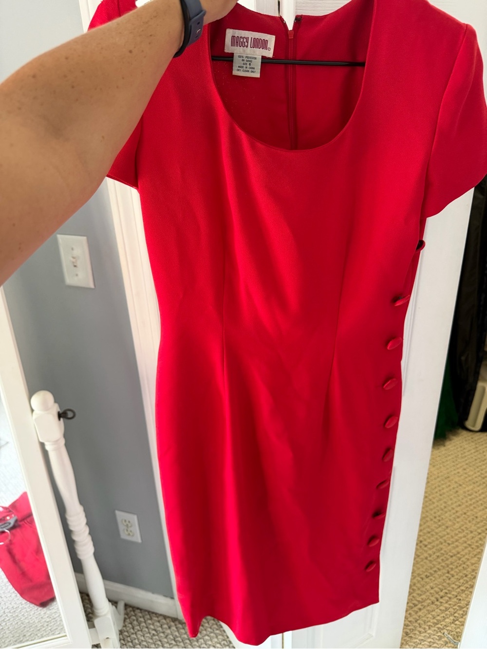 Maggy London Bright Red Short Sleeve Sheath Dress with Side Buttons
